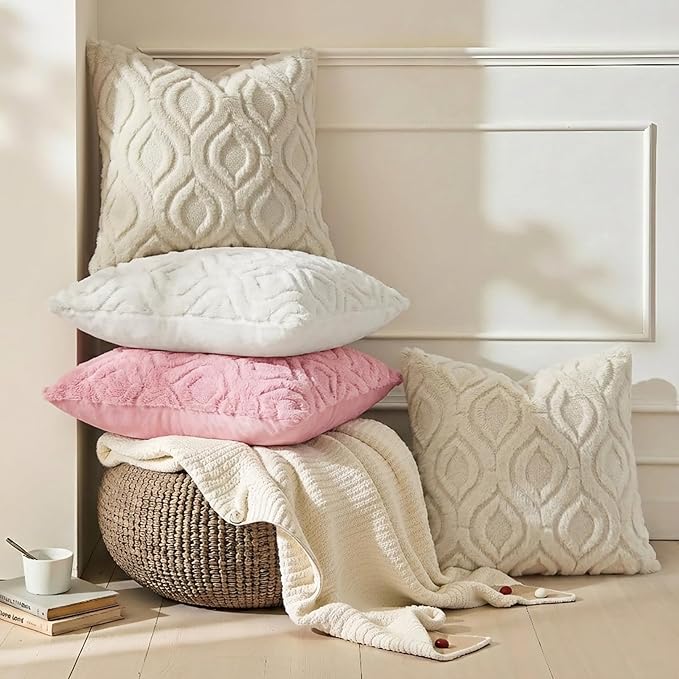 decorUhome Throw Pillow Covers 18x18 Inch Set of 2, Soft Plush Faux Wool Beige - Image 4