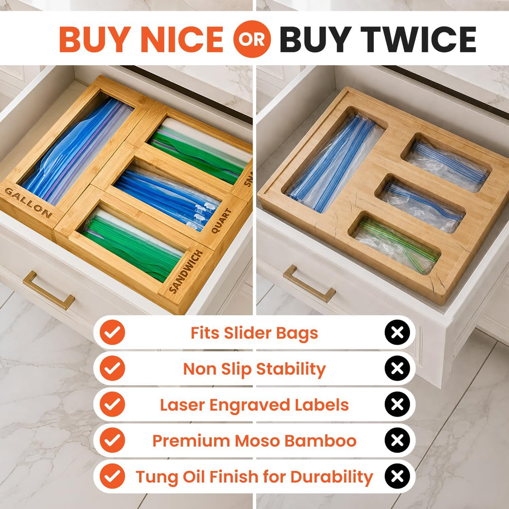 mHomeAid Bag Storage Organizer - Bamboo Food Plastic Baggie Holder, Dispenser, and Container for Kitchen Drawer - Fits Ziplock and Ziploc Gallon, Quart, Sandwich & Snack Sized Slider Bags (Bamboo)