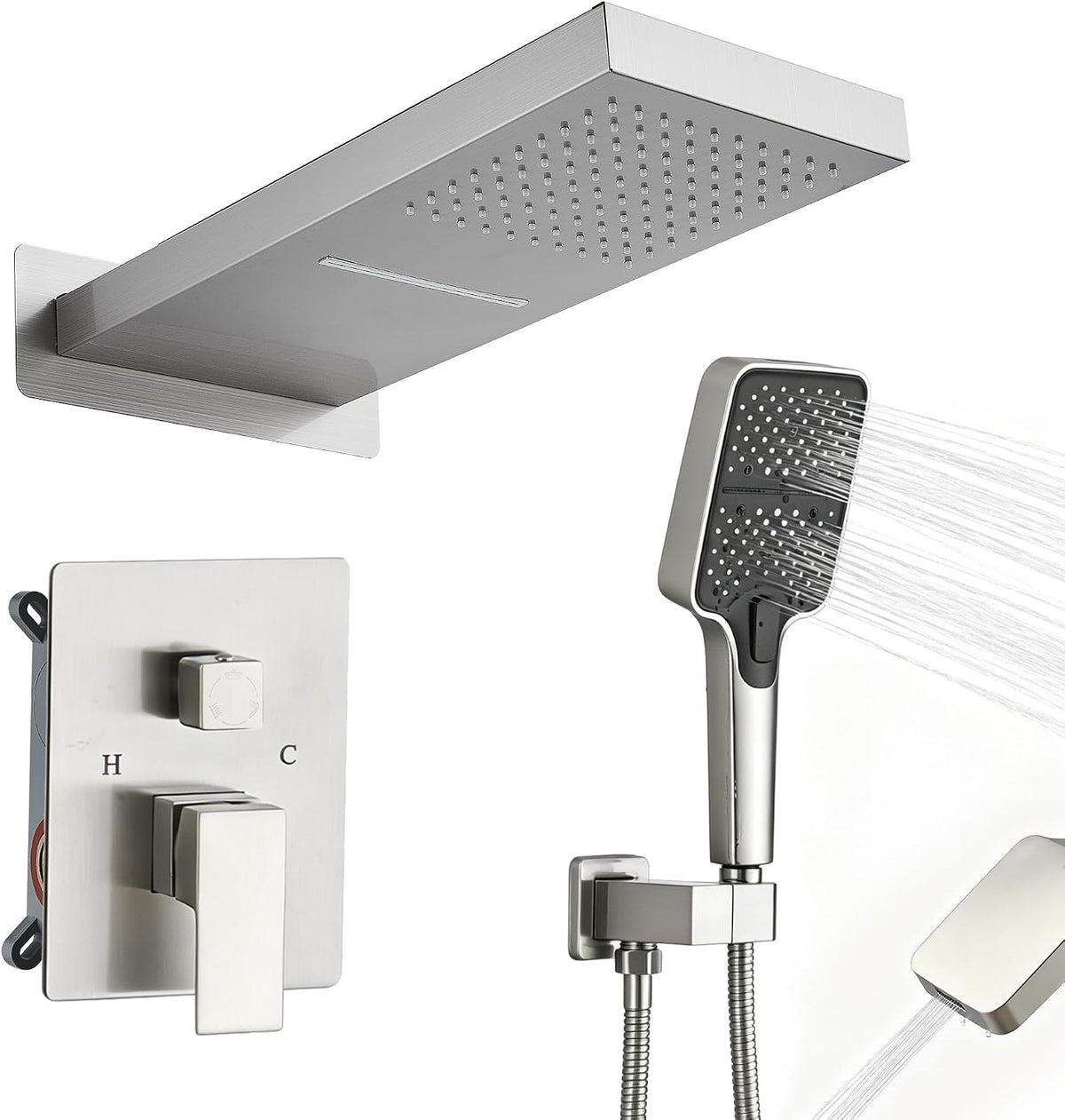 Waterfall Rainfall Shower Faucet Set, Matte Black