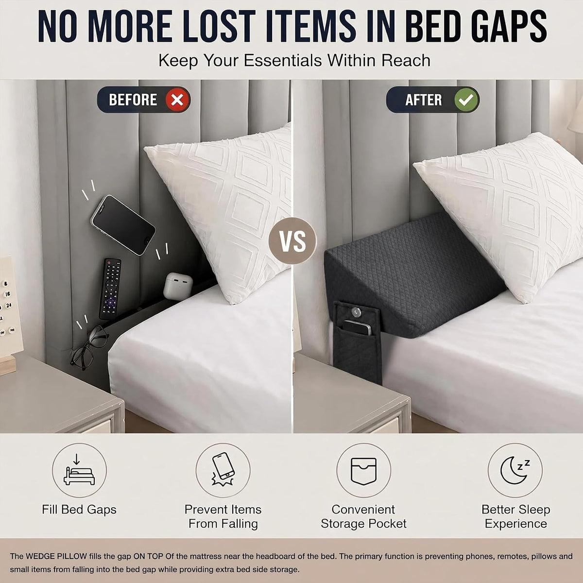 Full Bed Wedge Pillow Headboard & Mattress Gap Filler Long Triangle Pillow