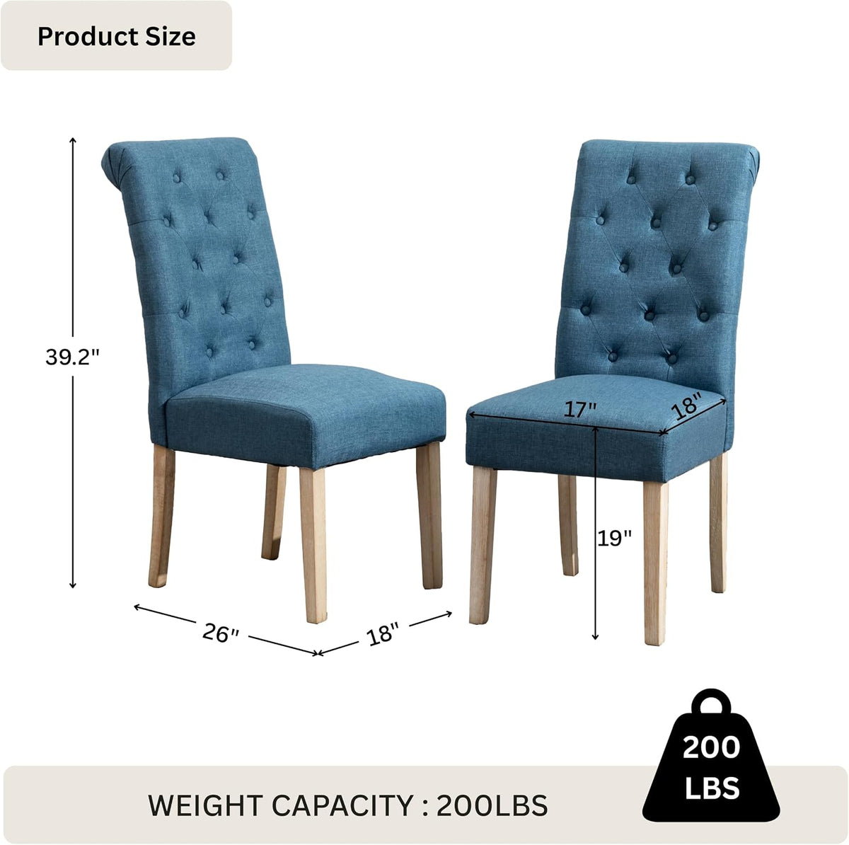 Roundhill Furniture Habit Solid Wood Tufted Parsons Dining Chair (Set of 2), Blue
