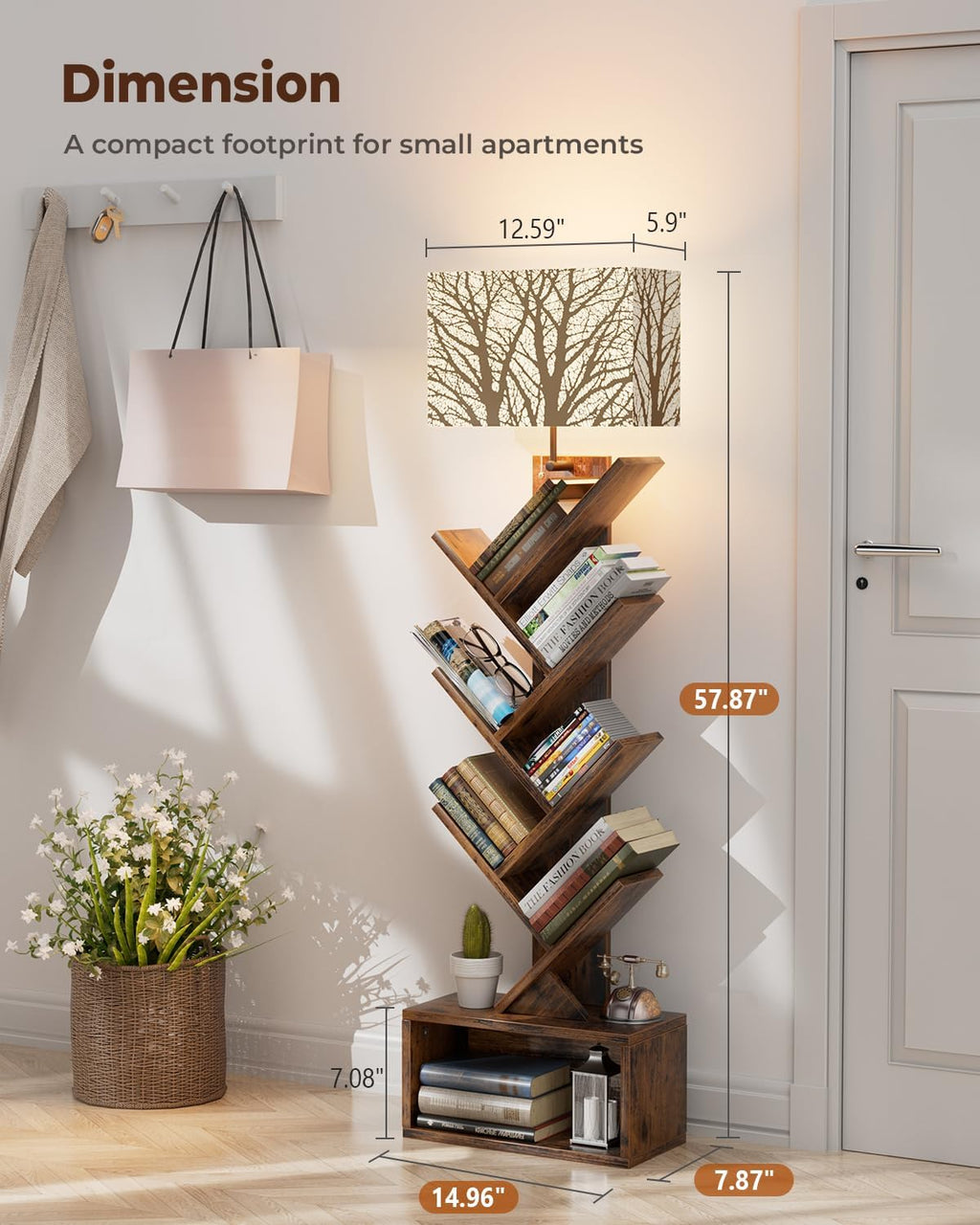 Evermagin 6 Tier Tree Bookshelf with Light, Bookcase, Branch Pattern