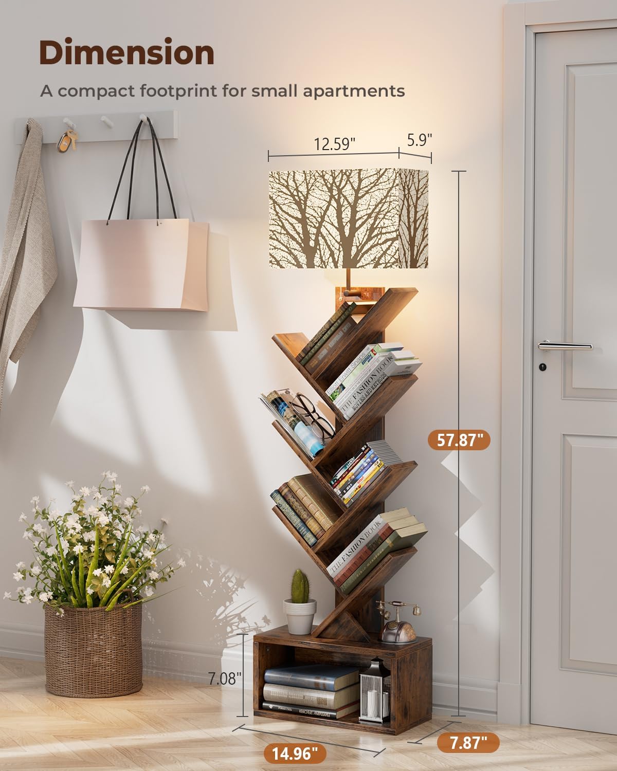Evermagin 6 Tier Tree Bookshelf with Light, Bookcase, Branch Pattern