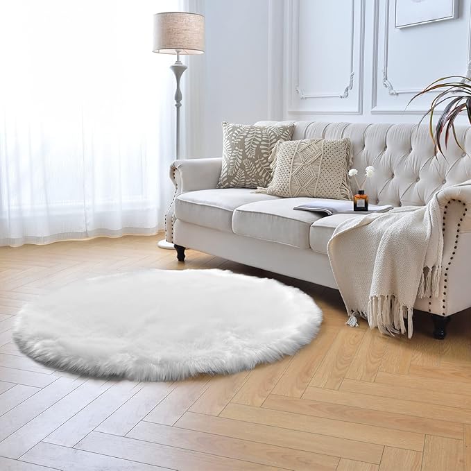 duduta White Faux Sheepskin Round Rug 4x4 ft, Fluffy Shag Fur Bedroom Nursery - Image 7