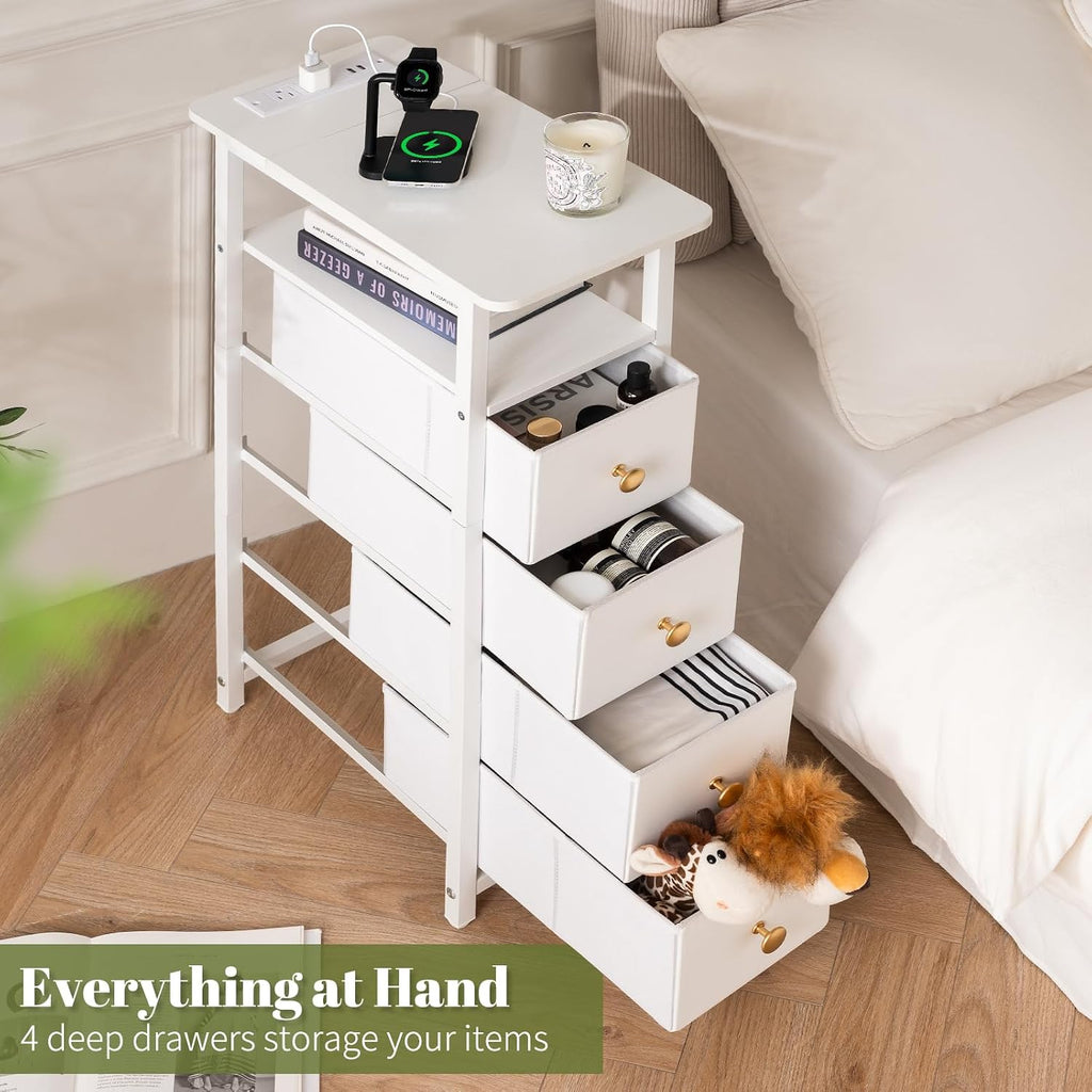 Yoobure Narrow Nightstand with Charging Station, LED Tall Narrow Side Table