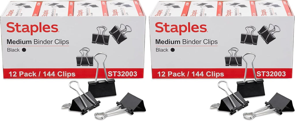 Staples Medium Binder Clips, 0.63 Inch Capacity, Black, 144 Clips/Pack