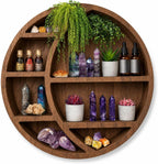 Wooden Crescent Moon Shelf Wall Decor — Aesthetic Floating Crystal Display Holder & Hanging Wall Organizer for Bedroom, Dorm & Spiritual Room Decor | 14"x14"x3.5" | (Dark Brown)