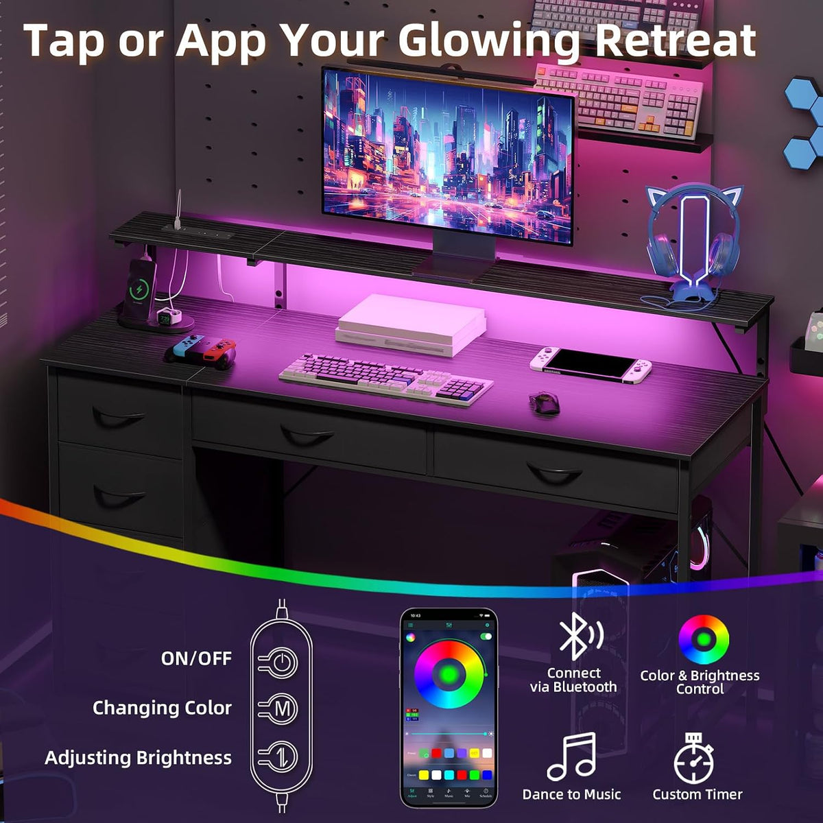Somdot 47 Inch Gaming Desk with Power Outlet and LED Lights, Computer Desk