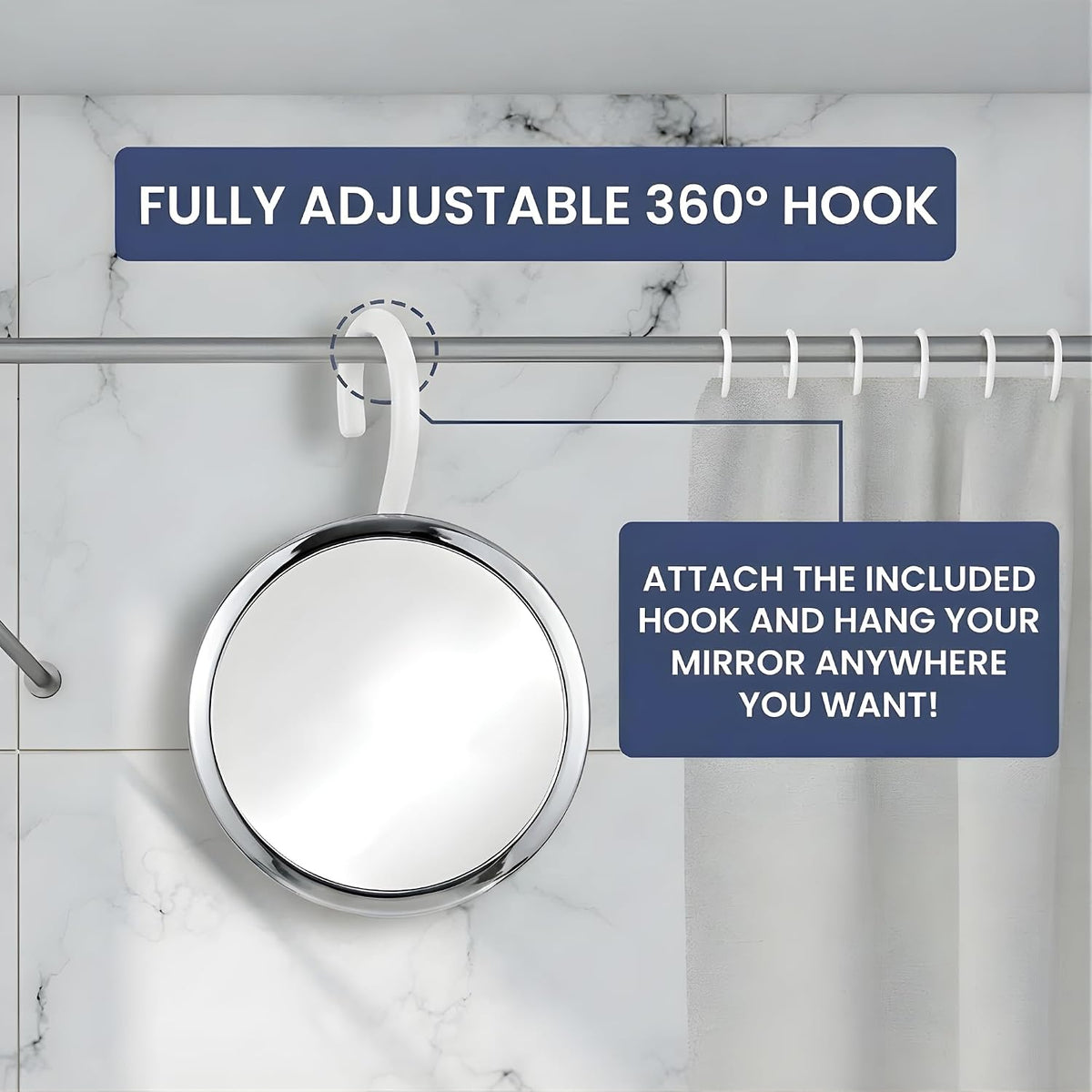 MIRRORVANA Hangable Fogless Shower Mirror, 360° Swivel Hook, 6.7" (Chrome)