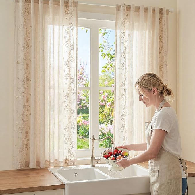 jinchan Evelyn Embroidered Linen Curtains 63 inch Floral Curtains - Image 7