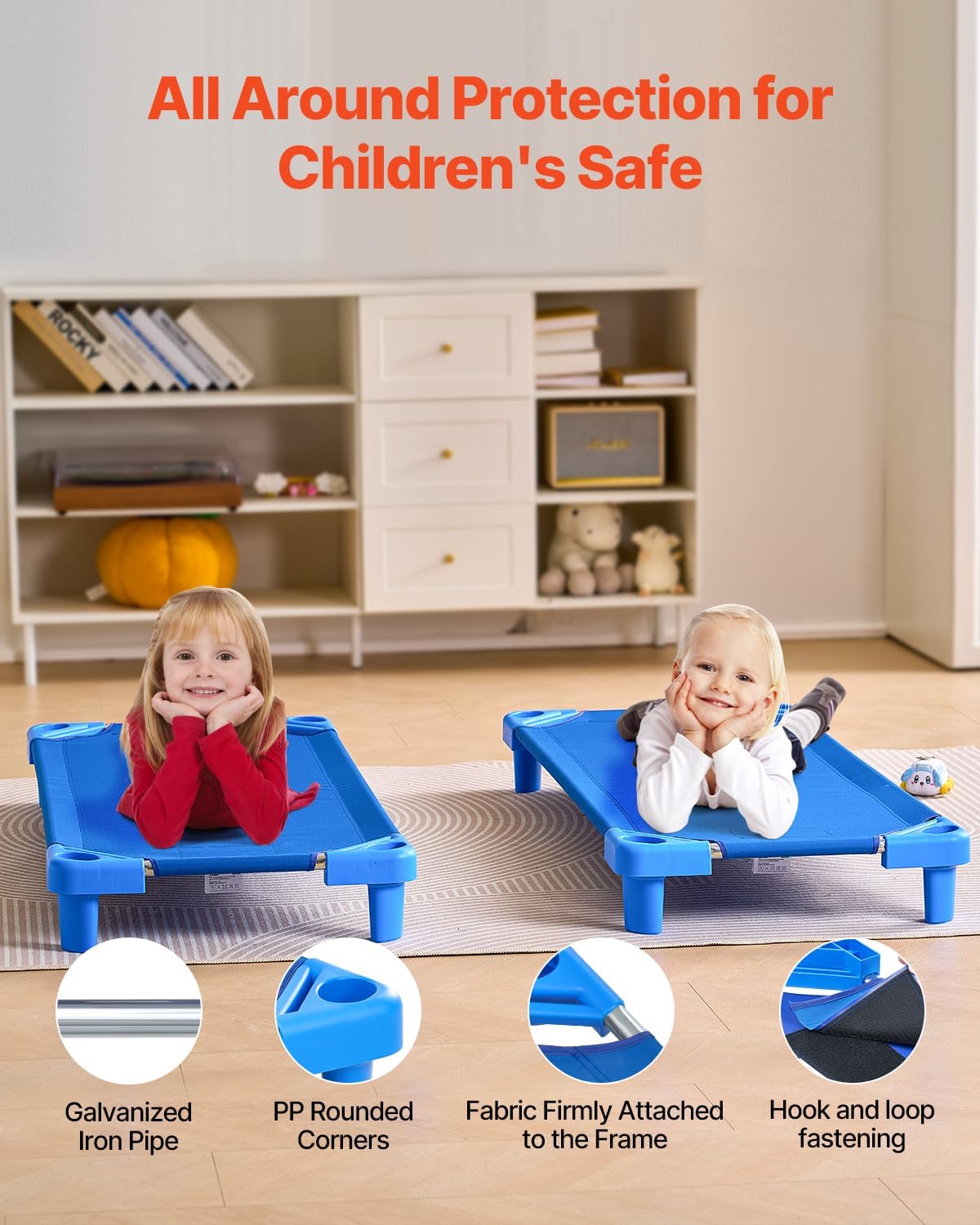 VEVOR Stackable Kiddie Cot, Pack of 4, Portable Toddler Nap Cots, Standard Size 52" L x 23" W Daycare Cots for Kids, Preschool Classroom Daycare Beds for Sleeping, Resting, Naptime, Blue