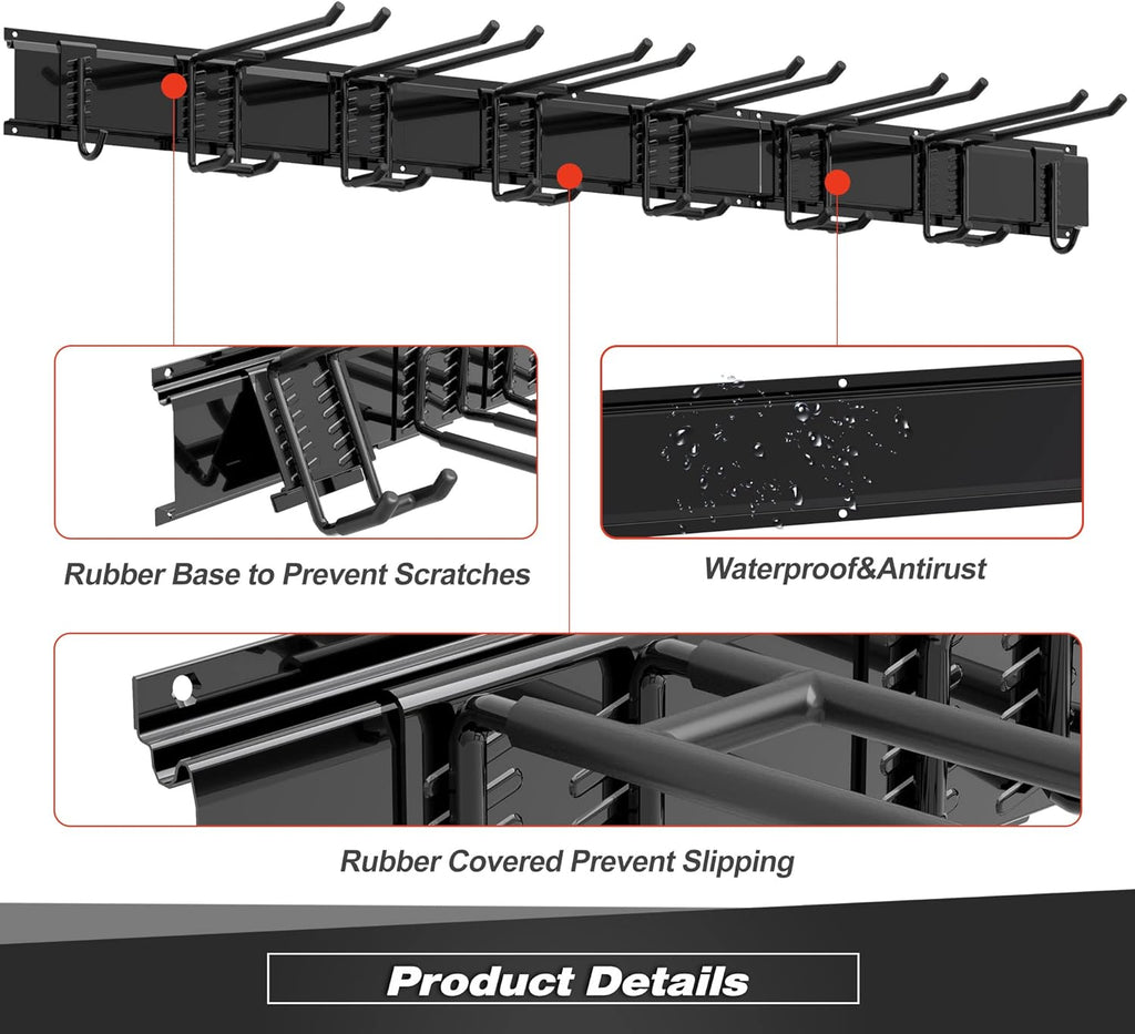 Garage Wall Organizer, Heavy Duty Tool Hangers for Garage Wall with 8 Double Hooks & 3 Rails, Tool Organizer Wall Mount, Garage Hanging Storage Rack for Shovel, Rake, Broom and Ski Gear