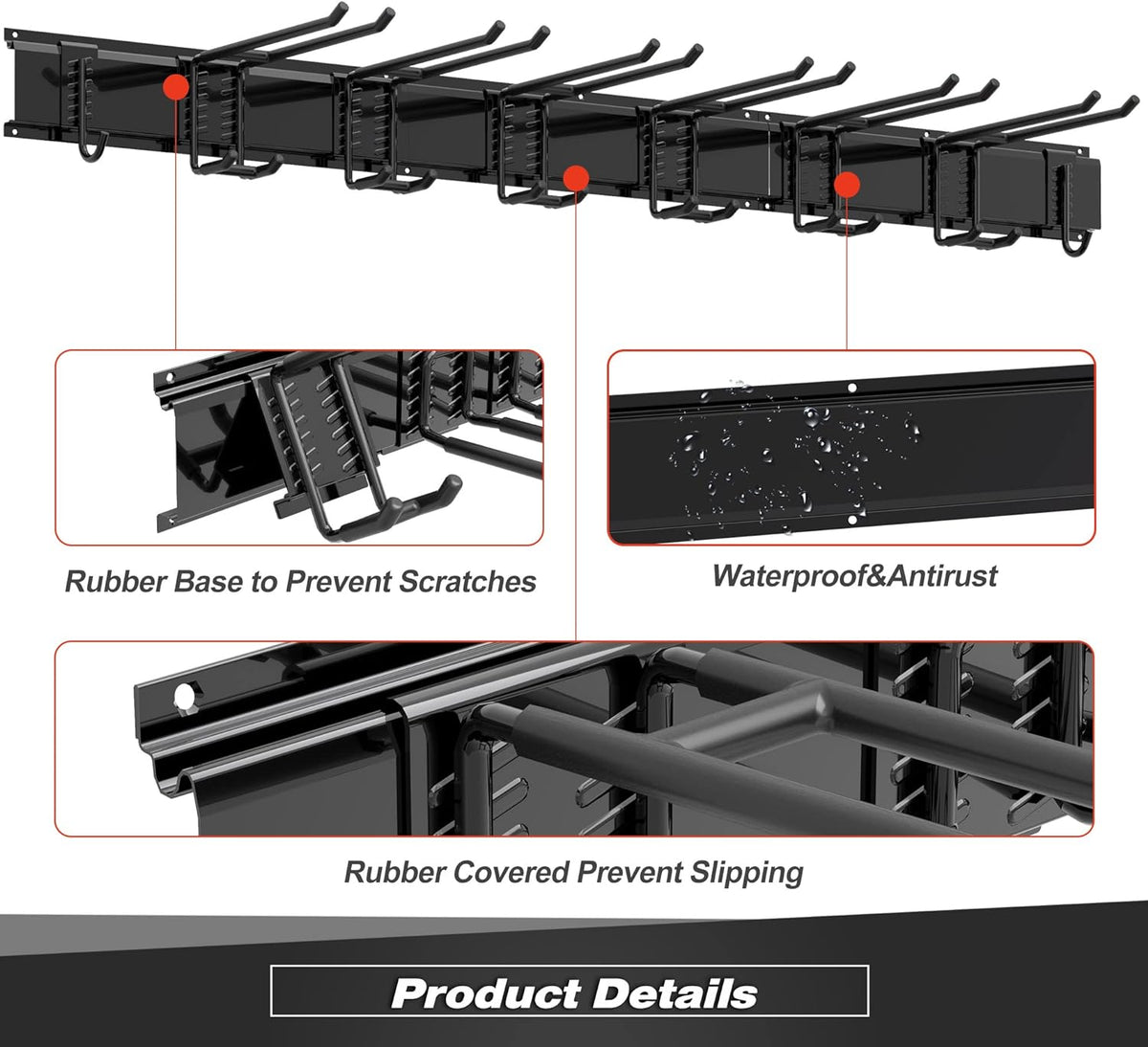 Garage Wall Organizer, Heavy Duty Tool Hangers for Garage Wall with 8 Double Hooks & 3 Rails, Tool Organizer Wall Mount, Garage Hanging Storage Rack for Shovel, Rake, Broom and Ski Gear