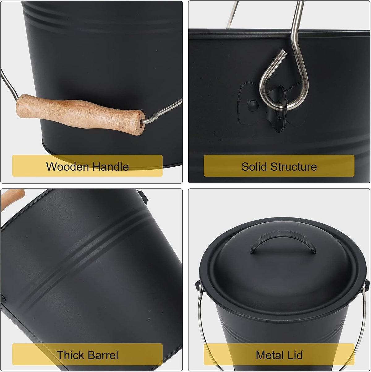 Mini Ash Bucket with Lid, Fireplace Ash Bucket - Black