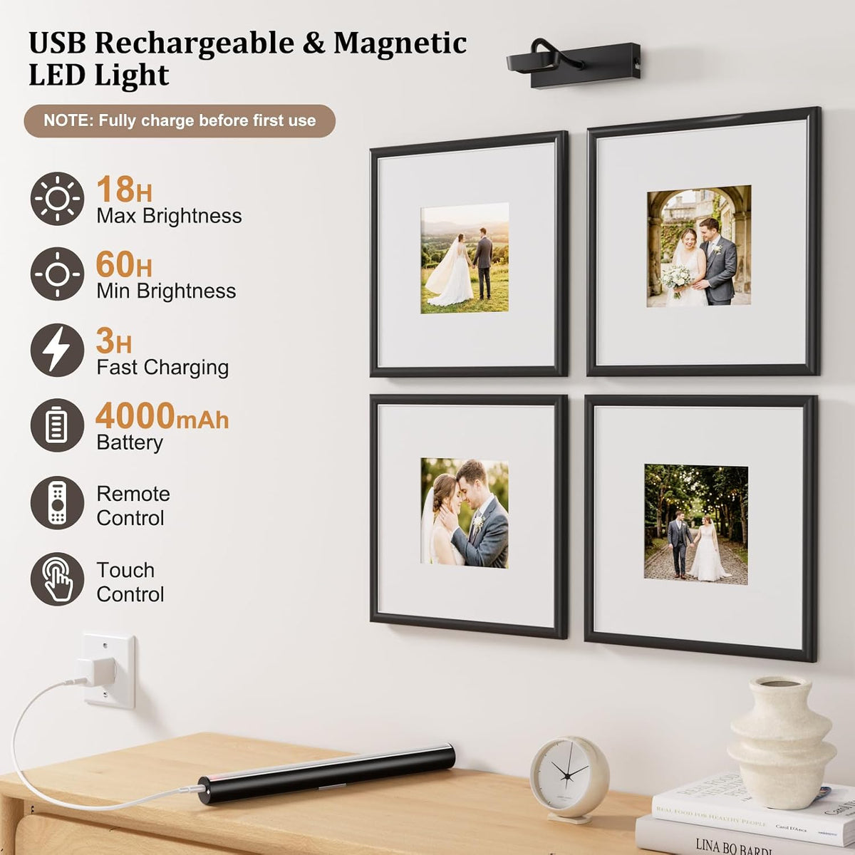 Picture Light for Wall, 4000mAh, 13.8 Inch, 2 Pack, Black