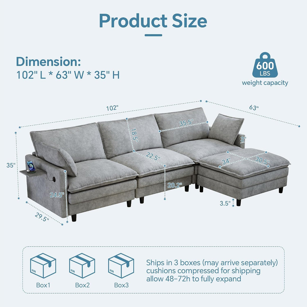 102'' L-Shaped Cloud Couch Sectional Sofa for Living Room, Light Gray