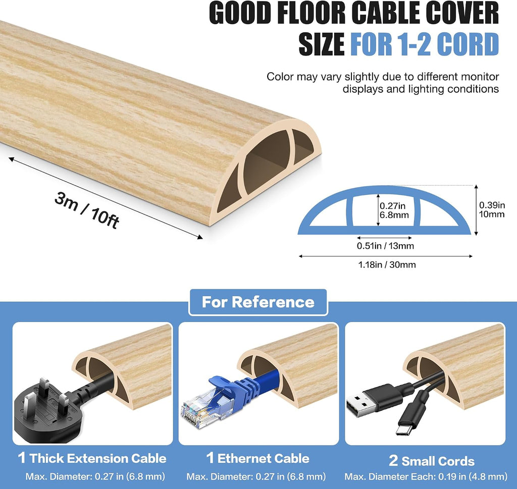 Floor Cord Covers for Wires 10FT Cable Hider Wire Cover Self Adhesive Cord Hider Floor for Offices, Homes, Workshops, Warehouses Cable Cavity 0.39" W x 0.27" H