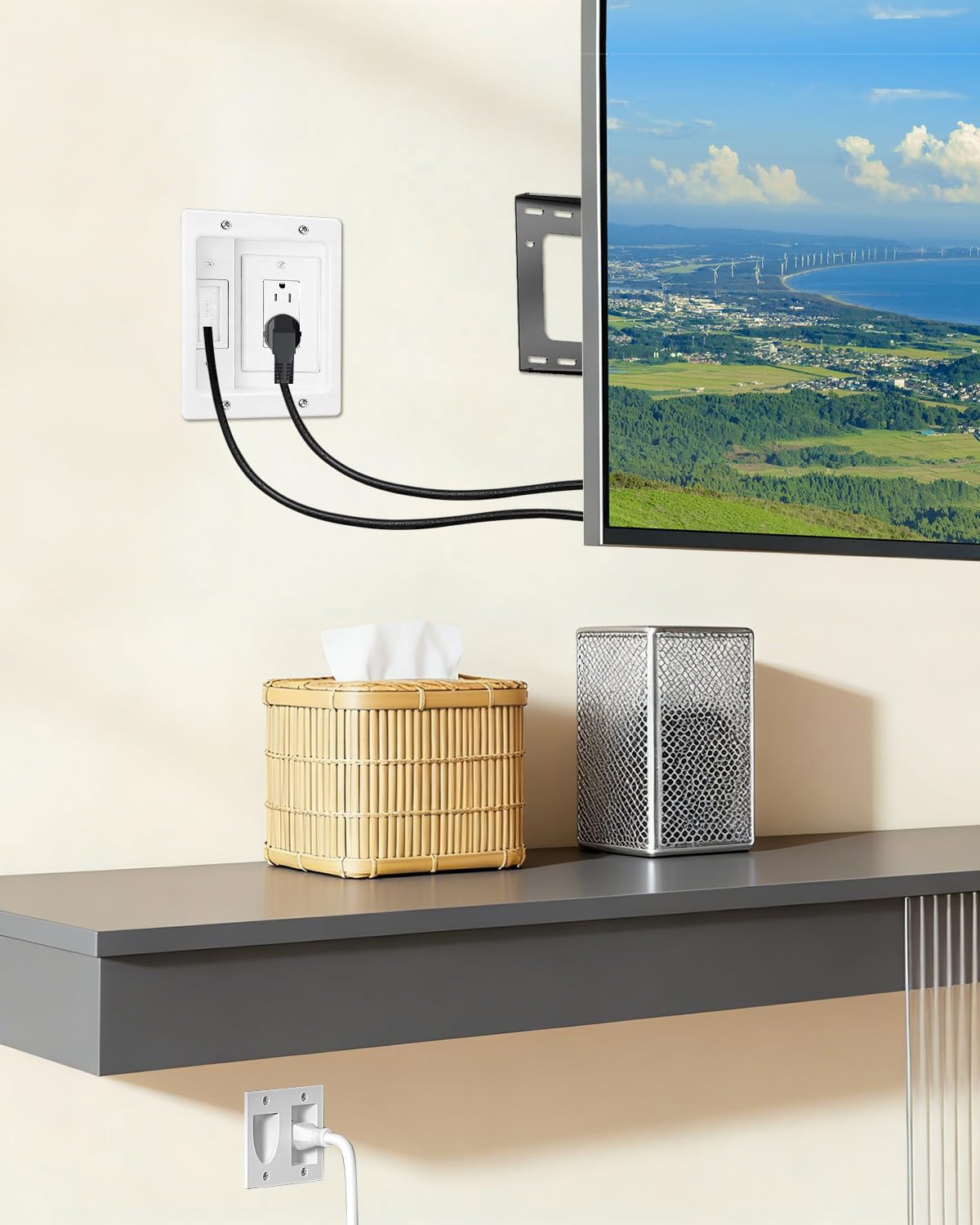 FORGING MOUNT in-Wall Cable Management Kit or Power & Low Voltage Cords, Cord Hider for Wall Mount TV with AC Outlets, Includes 6ft Extension Cord, Drill Templates
