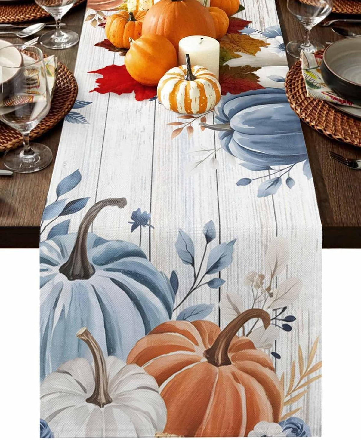 Fall Table Runner Blue Pumpkin Table Runners for Dining Room Leaves Floral Wood Grain Dinner Runner Thanksgiving Kitchen Decor 13" x 72"
