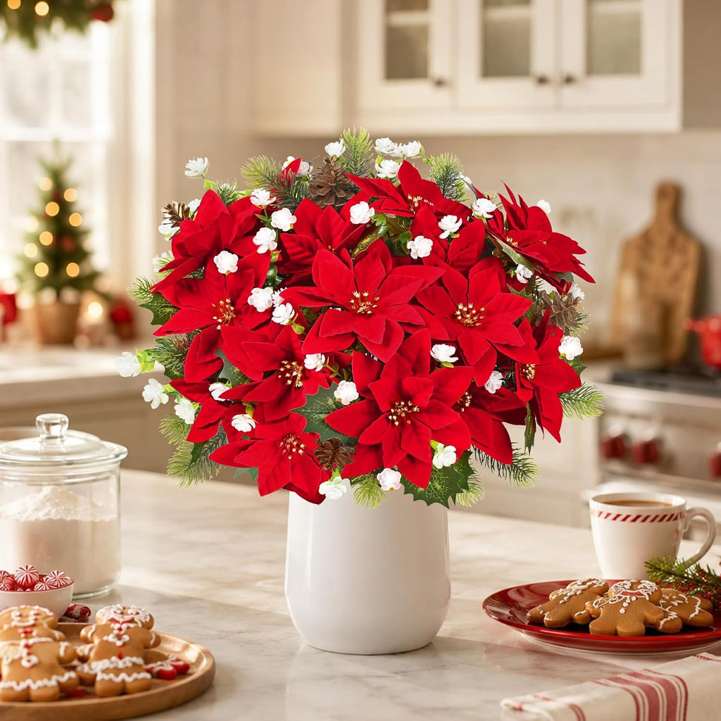 9 Pack Poinsettias Flowers Artificial Christmas Flowers for Outdoors, 14'' Mixed Fake Red Velvet Poinsettias Flowers Faux Eucalyptus Plants Pine Branches UV-Resistant for Vase Garden Porch Home Decor