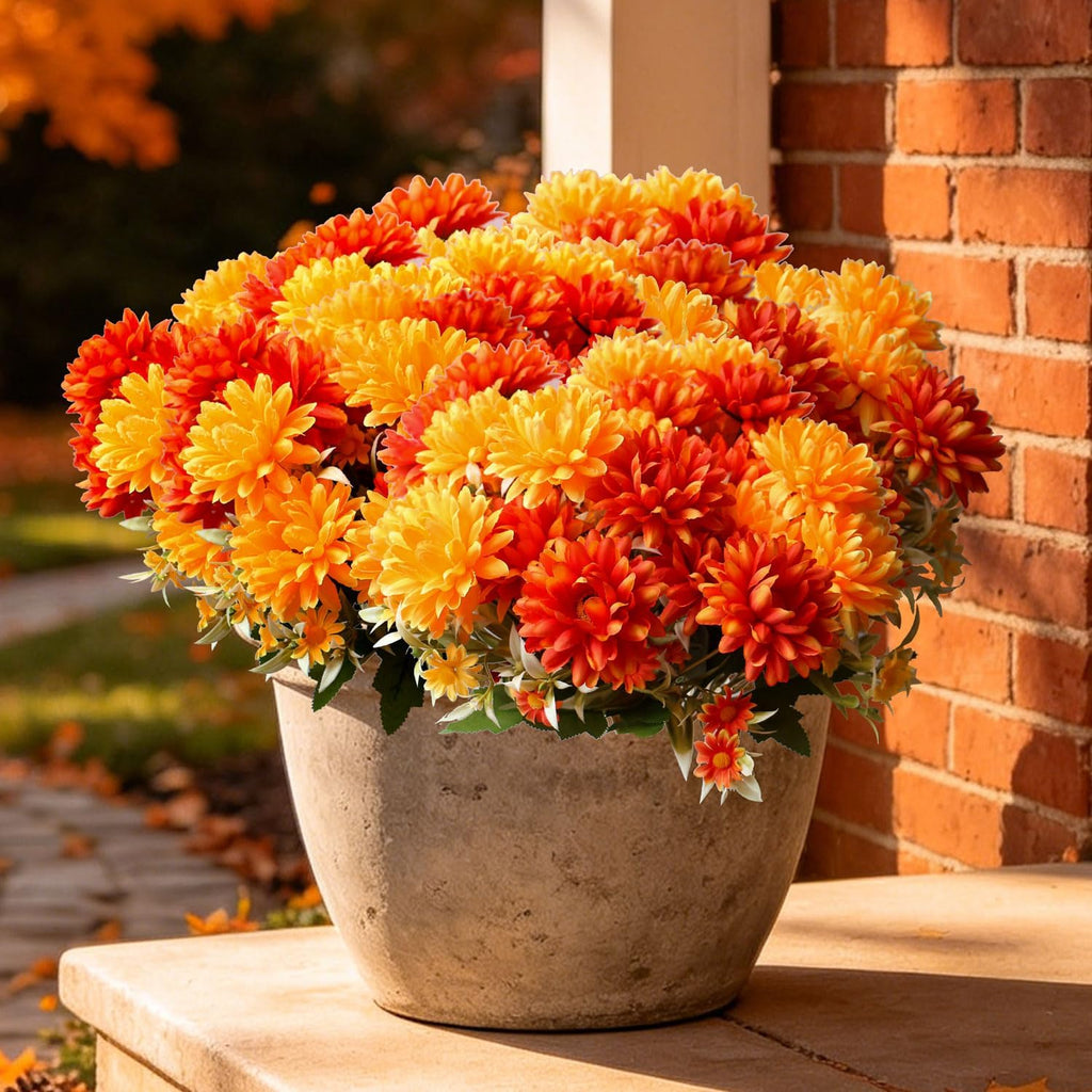 Artificial Fall Flowers Mums Plants for Outdoor, UV Resistant Faux Marigold