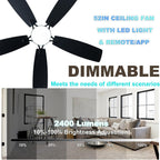 Coolwind 52'' Black Ceiling Fan with Light, Flush Mount, Remote APP Control