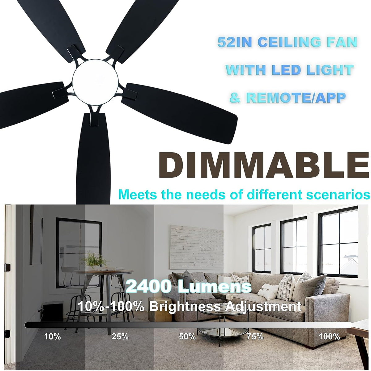 Coolwind 52'' Black Ceiling Fan with Light, Flush Mount, Remote APP Control