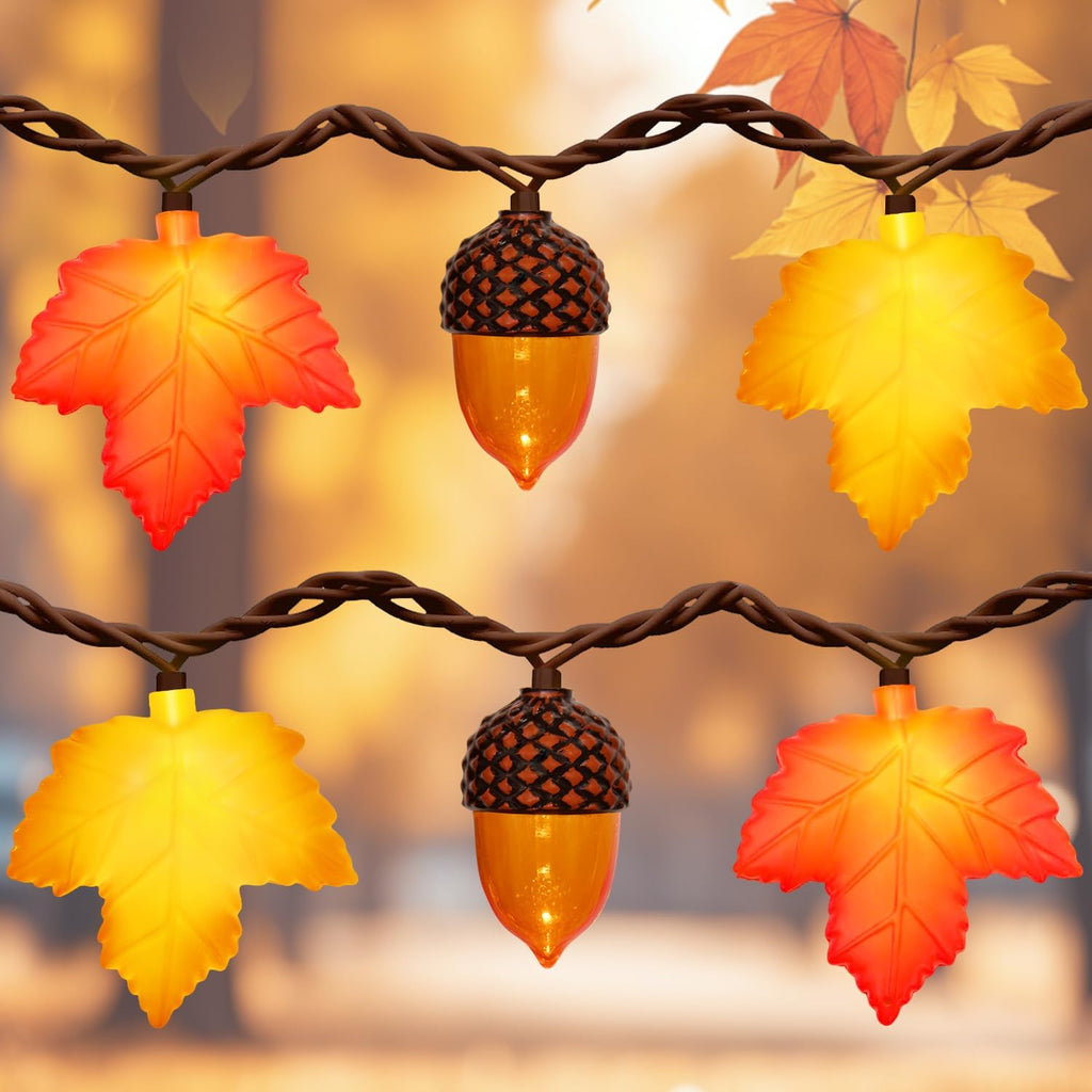 8.5Ft Fall Decor Maple Leaves Acorn Lights String, Fall String Lights Plug in with 10 LED Yellow/Orange Maple Leaf Acorn Light for Home Porch Fireplace Autumn Harvest Party Thanksgiving Decor, 0.48W