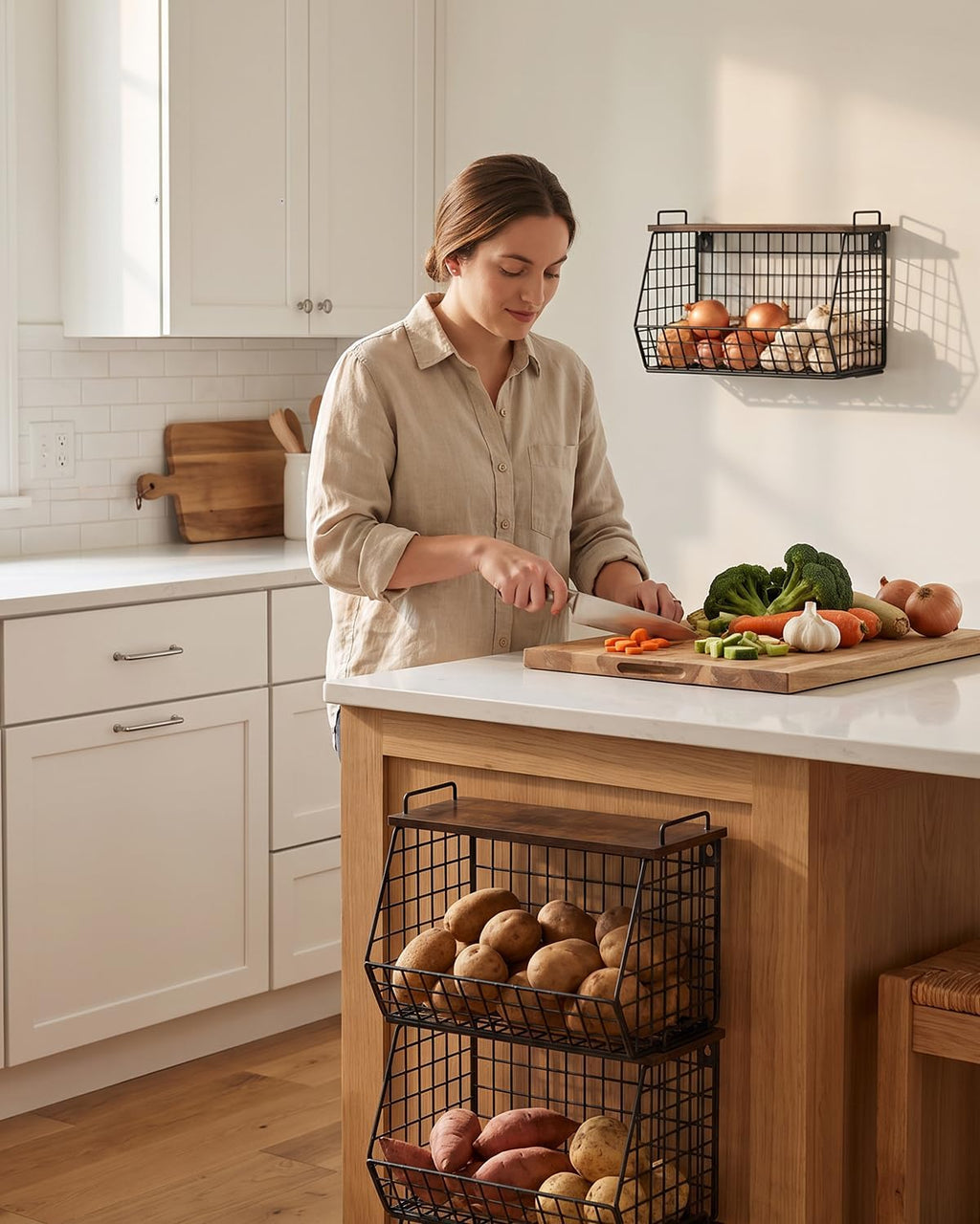 2 Pack Stackable Potato Storage Bins, Extra Large Pantry Organizer and Storage, Fruit Basket for Kitchen Counter, Potato and Onion Storage Bin with Wide Opening, Wall Mounted Vegetable Storage Basket