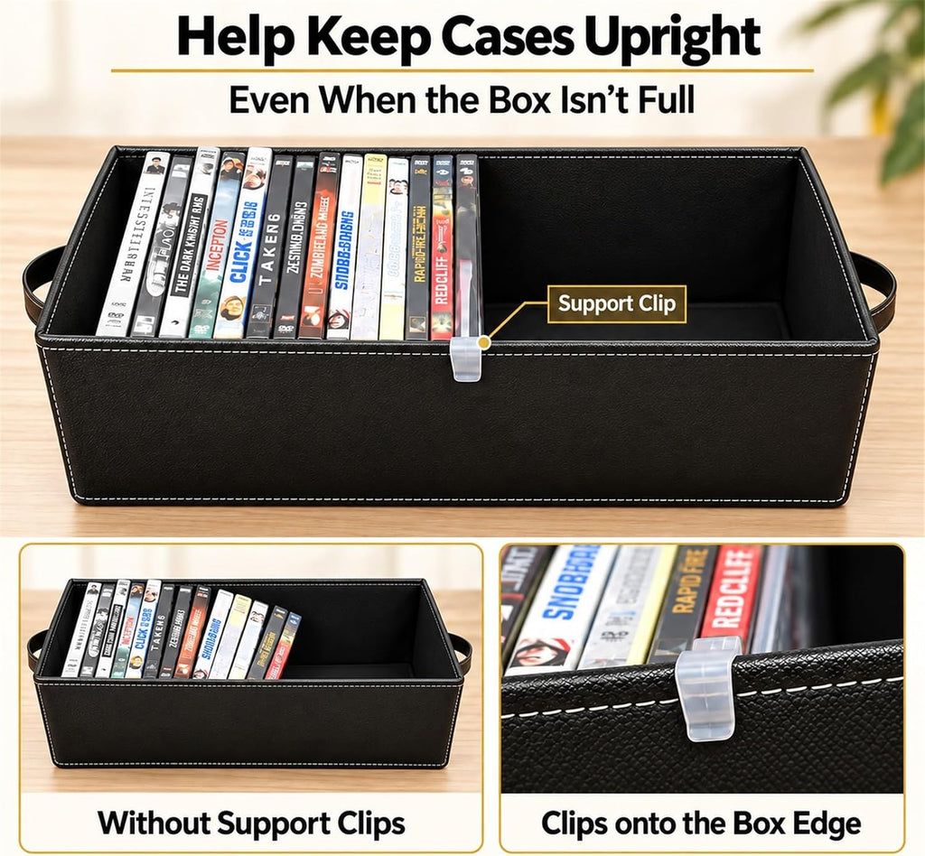 DVD Storage Boxes with Lid, 4 Pack Holds 104 DVD Cases Total, Stackable Leather Media Organizer for Blu ray, Video Game, CDs