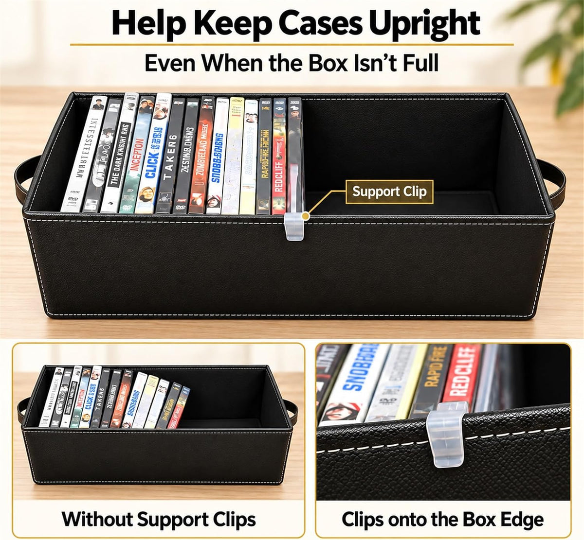DVD Storage Boxes with Lid, 4 Pack Holds 104 DVD Cases Total, Stackable Leather Media Organizer for Blu ray, Video Game, CDs