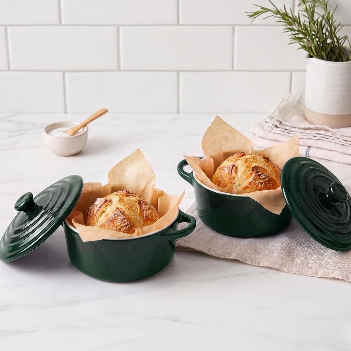 Kook Mini Cocotte, Lids, Handles, Dutch Oven, Set of 4, 12 oz, Forest Green