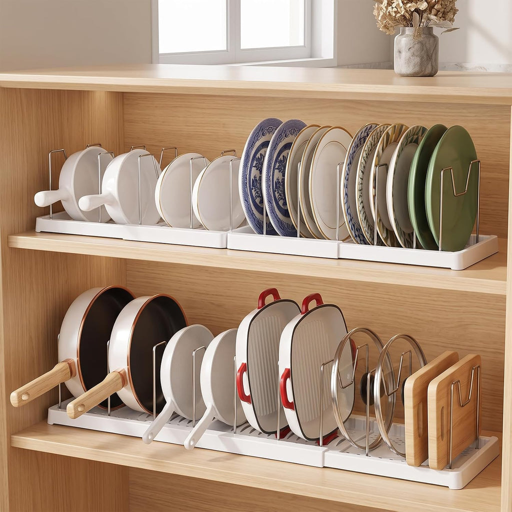 2 Pack Expandable Pots and Pans Organizer Under Cabinet, Foldable Kitchen Cabinet Organizer with 12 Adjustable Dividers, 31" Cookware Rack for Pots, Pans, Pot Lids, Cutting Boards & Bakeware