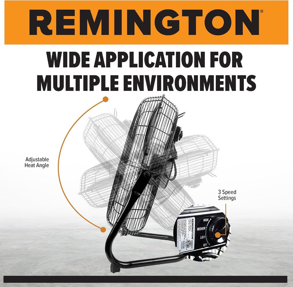 Remington High Velocity Floor Fan, 3 Speed Portable Cooling Unit - Heavy Duty Metal Airflow for Large Shops, Garages, and Warehouses, 20 Inch, Black