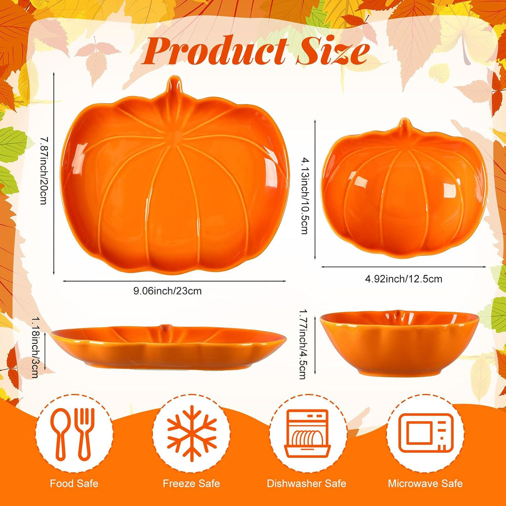 Tioncy 4 Pcs 9 Inch Pumpkin Shaped Plates and 5 Inch Fall Ceramic Bowls Set