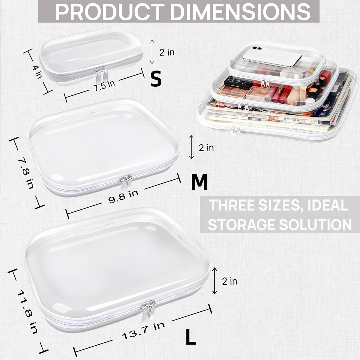 3PCS Clear Hard Plastic Zipper Case, Double Zippers Hard Pouch, Portable Travel Organizer Bin Clear Makeup Bag for Toy Storage, Snack Bag, Cosmetics, Diaper Bag, Toiletry Bag (3PCS-M)