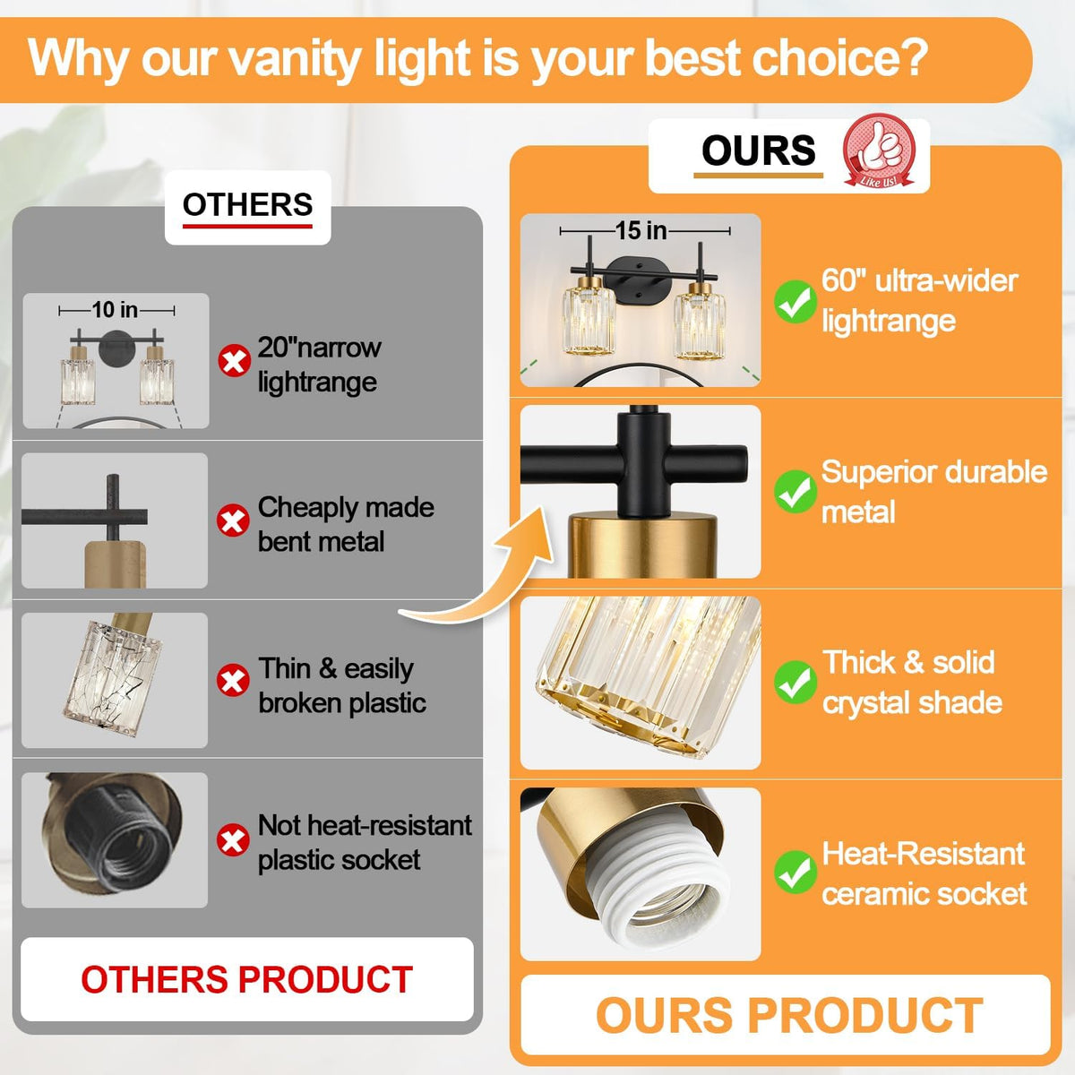 Modern Crystal Bathroom Vanity Light Fixtures, 2-Light Black and Gold Bathroom Wall Sconce Lighting for Over Mirror, Clear K9 Crystal Shades, E26 Base, Bulbs Not Included