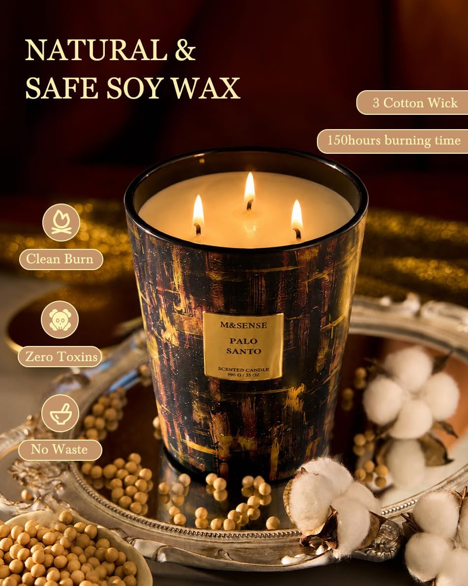 M&SENSE Palo Santo Scented Soy Candle, Large 3-Wick 35oz Candles