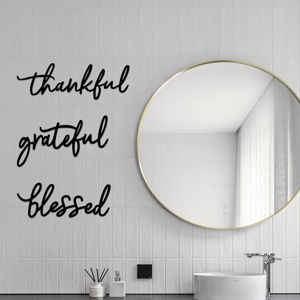 Thankful Grateful Blessed Letter Sign Metal Wall Decor, 3 Piece Black Letters Wall Art for Bathroom Bedroom Metal Words Wall Decor for Home Decor