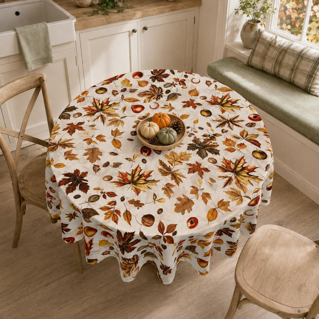 Fall Round Tablecloth 60 Inch Fruit Maple Leaves Table Cloth Thanksgiving Harvest Table Decorations Autumn Table Cover for Holiday Kitchen Dining Party Season Decor