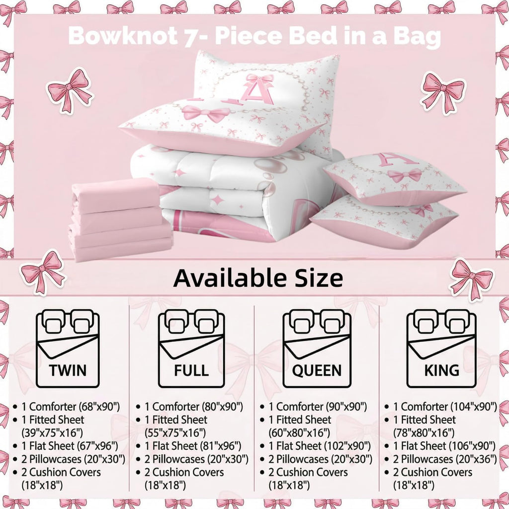 Erosebridal Girls Pink Bow Initial Twin Comforter Set with Sheets - Monogrammed Letter A Bows Bedding Set 7 Piece for Kids Teen, Pink White Ribbon Bow Tie Fitted Flat Sheet, Cute Bowknot Bed Set