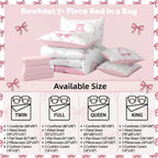 Erosebridal Girls Pink Bow Initial Twin Comforter Set with Sheets - Monogrammed Letter A Bows Bedding Set 7 Piece for Kids Teen, Pink White Ribbon Bow Tie Fitted Flat Sheet, Cute Bowknot Bed Set
