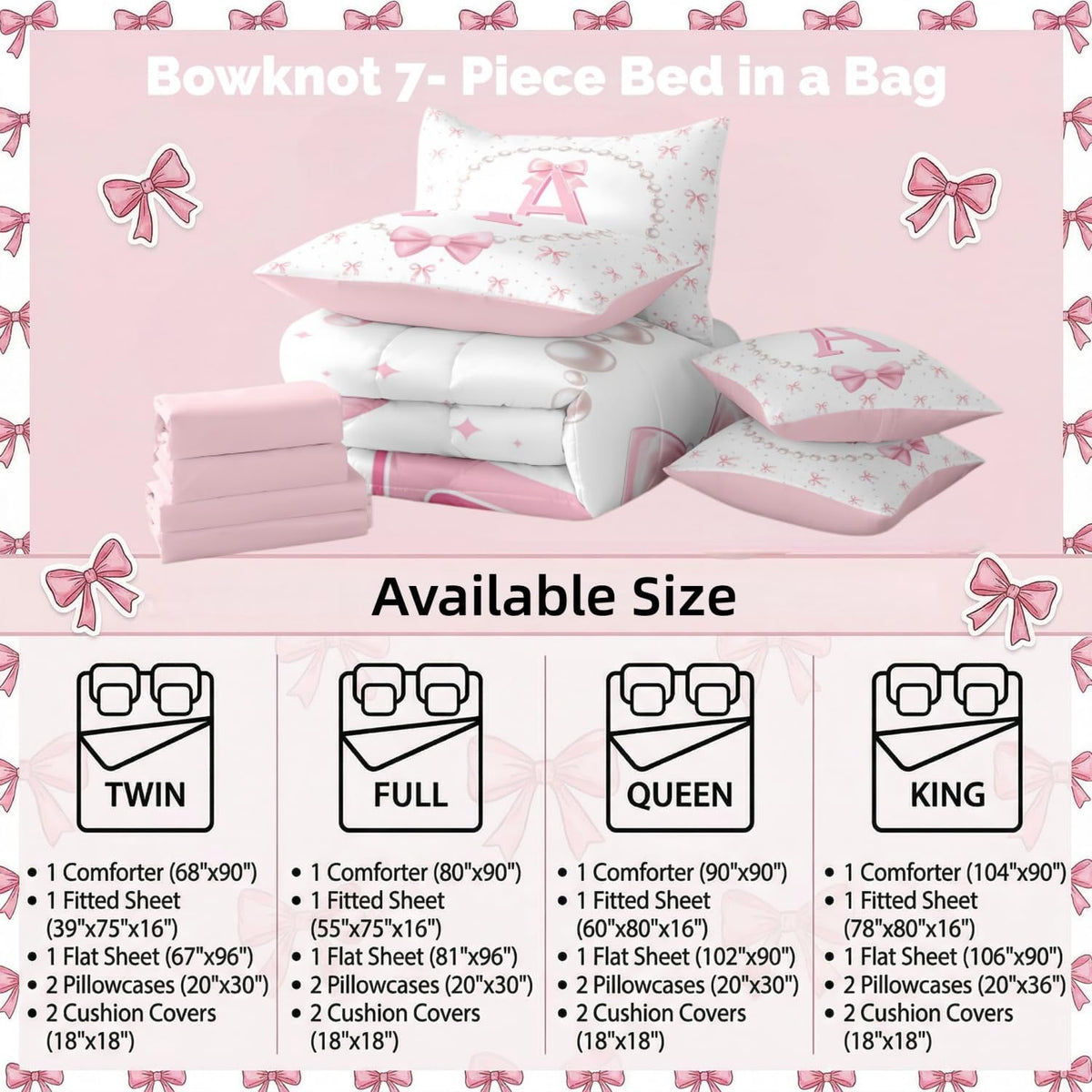 Erosebridal Girls Pink Bow Initial Twin Comforter Set with Sheets - Monogrammed Letter A Bows Bedding Set 7 Piece for Kids Teen, Pink White Ribbon Bow Tie Fitted Flat Sheet, Cute Bowknot Bed Set