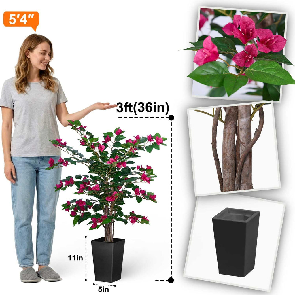 Aveyas 3ft Artificial Bougainvillea Tree with Flowers, 3 ft Faux Floor Plant Fake Silk Blooming Trees with Pot for Indoor Outdoor Home Decor,House Living Room Office (3 Feet Tall Including Raised Pot)