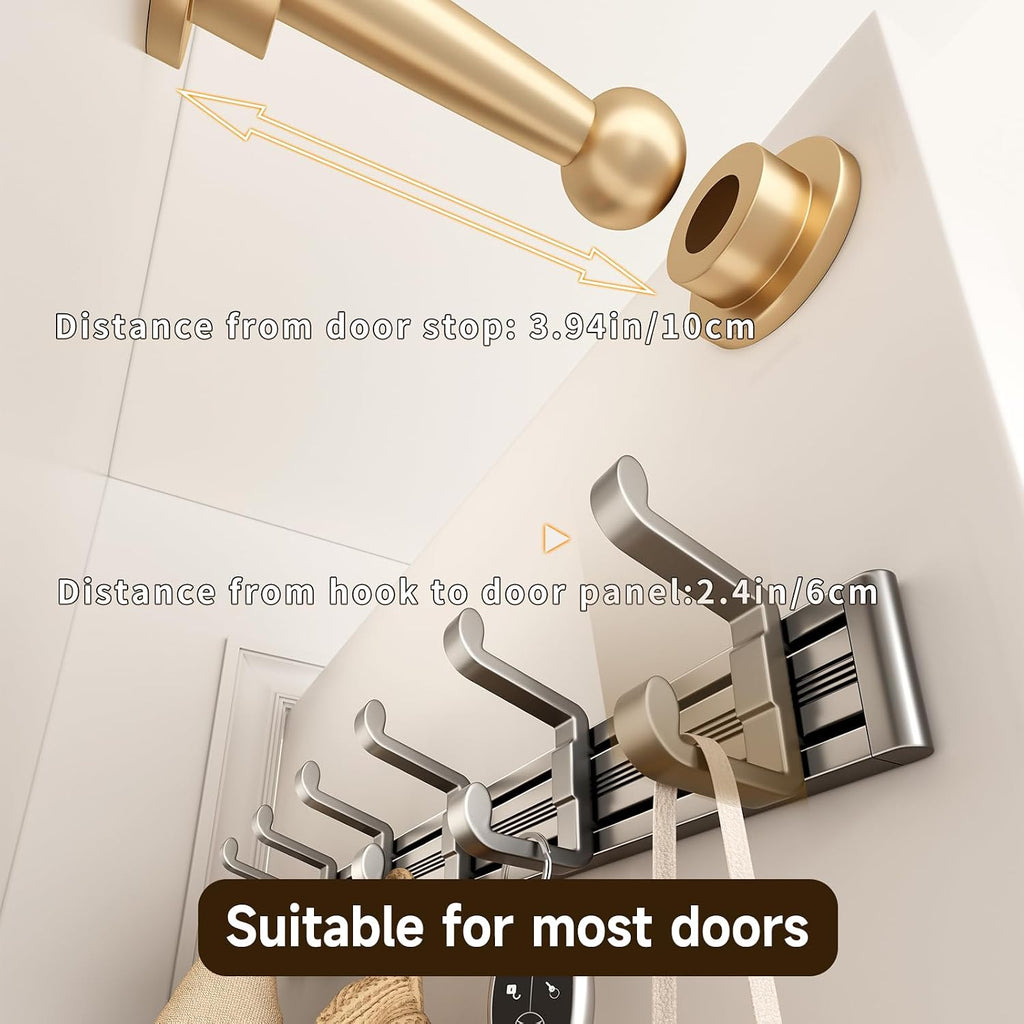 Wall Mounted Coat Hook Rack, 6 Adjustable Sliding Hooks Premium Aluminum Wall Hanger, 2 Mounting Options Self Adhesive & Drilling for Bathroom Bedroom Entryway (Off-White)