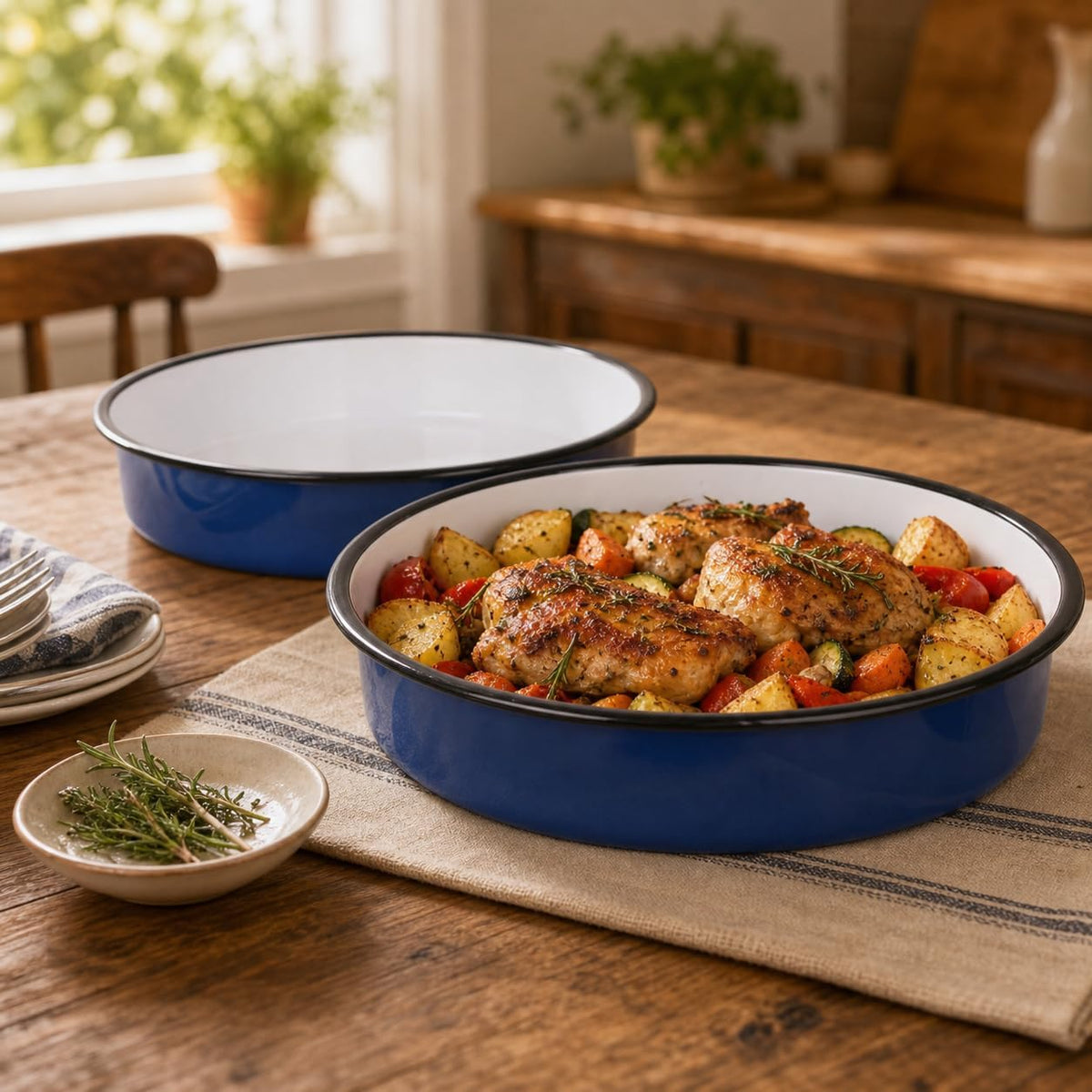 3-Piece Blue Enamel Roasting Pan Set, 10.2/12/13.6 Inch Round Pans
