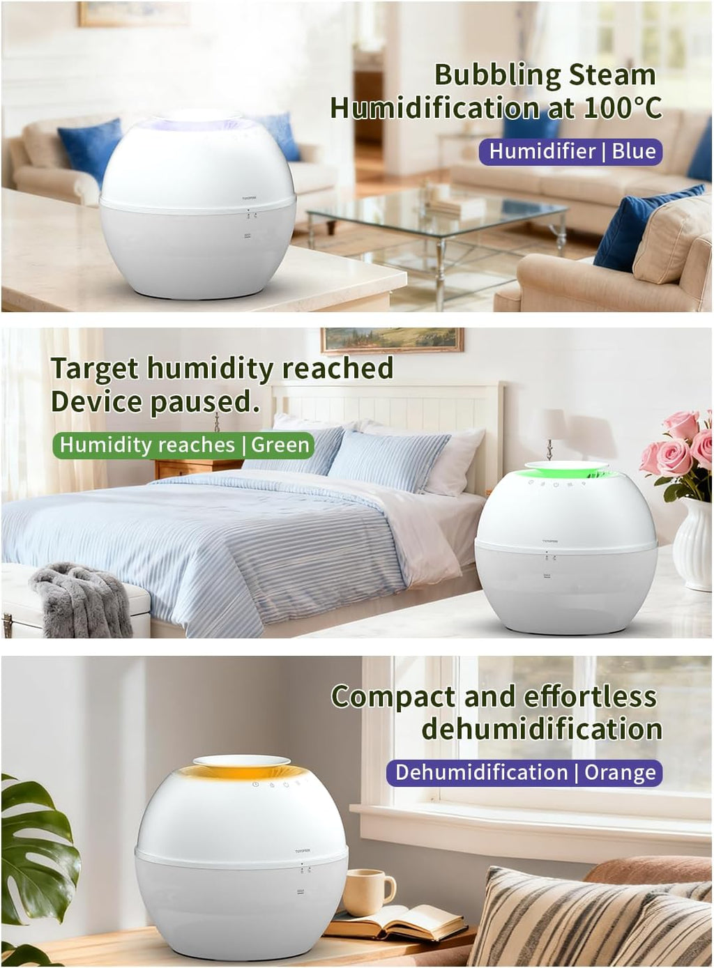 Dehumidifier & Humidifier 2-in-1 with Purifier, 101oz Tank, Whisper-Quiet Smart Steam Control for Bedroom, Baby Room, or Basement, Includes Drain Hose