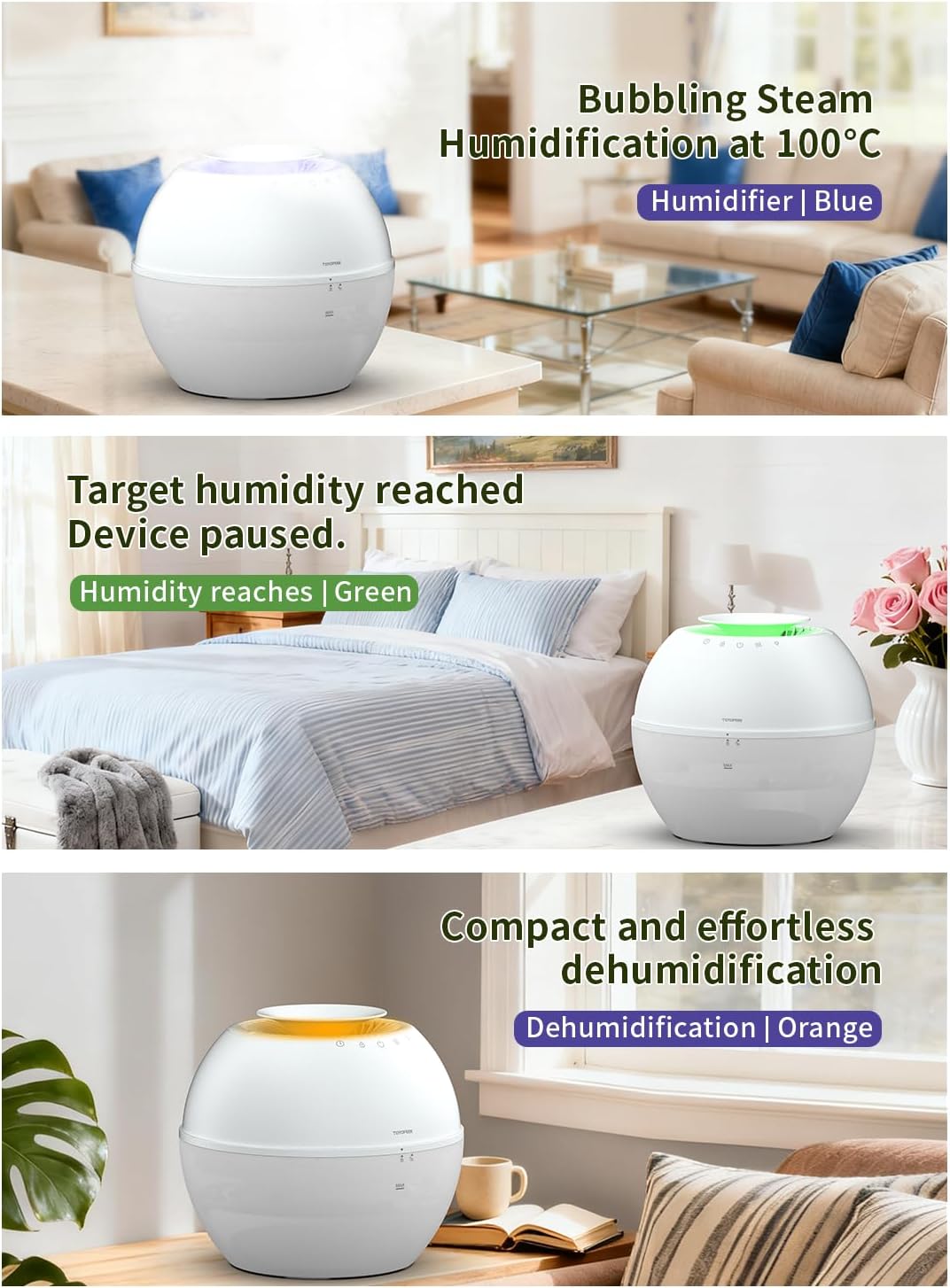 Dehumidifier & Humidifier 2-in-1 with Purifier, 101oz Tank, Whisper-Quiet Smart Steam Control for Bedroom, Baby Room, or Basement, Includes Drain Hose