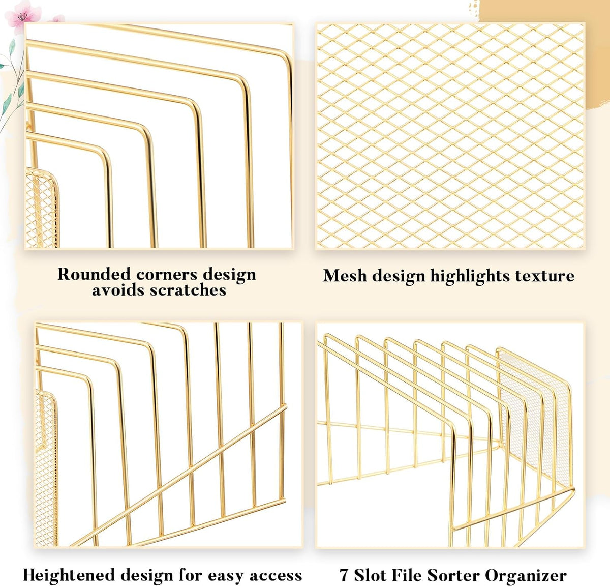 2 Pcs Wire File Sorter Desk 7 Section Organizer, Golden
