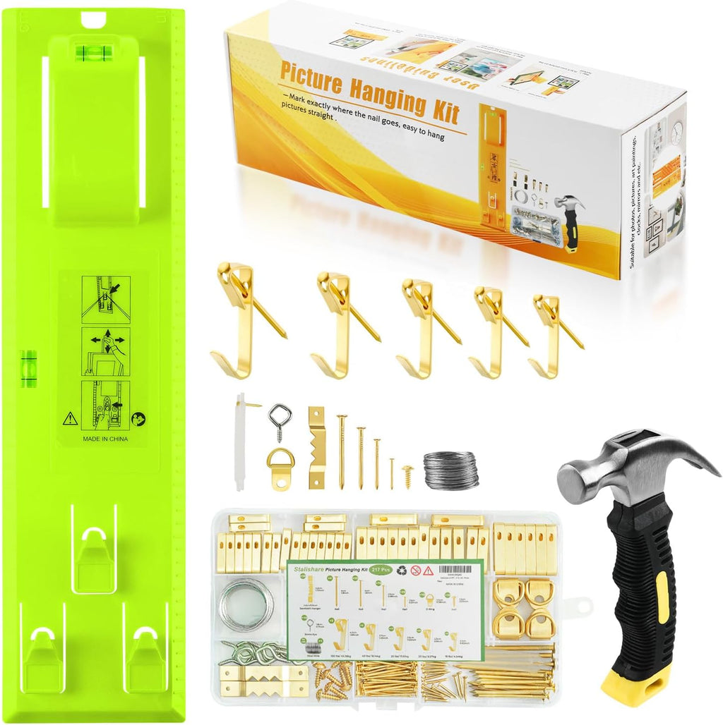 Picture Hanging Kit, Include Picture Hanging Tool with Level/ Picture Hanging Hareware/ Small Hammer, for Easy Hang and Level, Wall Hanging Kit Assorted with Sawtooth/ Wire Hanger